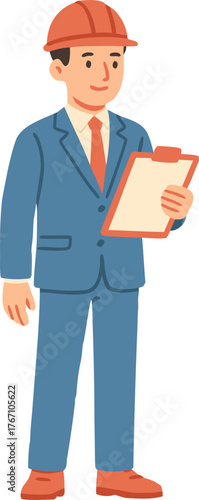 Professional engineer with clipboard inspecting construction site plans in modern protective gear design