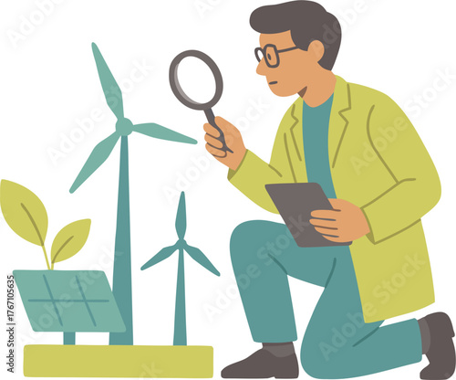 Innovative engineer inspecting renewable energy sources for sustainable future with wind turbines