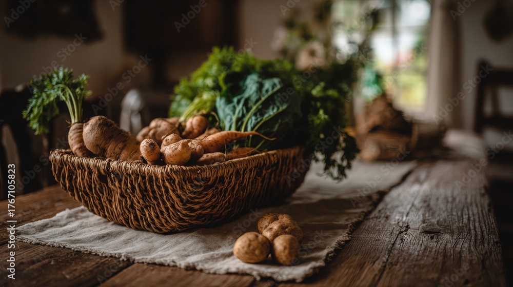 Fototapeta premium Basket of Root Vegetables and Greens on Wooden Table