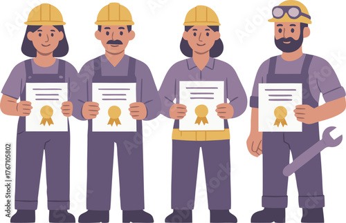 Construction team proudly displaying safety certifications, showcasing expertise and commitment on the job site