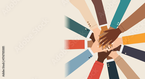 Diverse Hands Stacked Together - Unity Teamwork Cooperation Vector Illustration