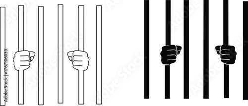 human hands behind bars vector illustration.outline silhouette Hands holding prison bars icon set isolated on white background