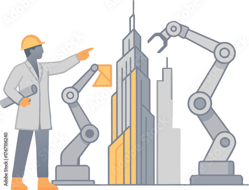 Innovative construction worker oversees automated building project with robotic arms and city skyscrapers