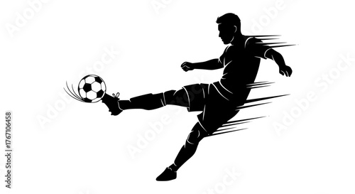 Vector of a player kicking ball in motion, dynamic silhouette