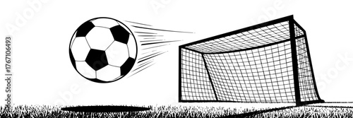 Vector Soccer Ball Kicking Toward Goal Net on Grass in Dynamic Black and Transparent Line Art Illustration for Sports Design