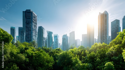 Modern high-rise buildings rise above a dense canopy of vibrant green trees under a bright sun.