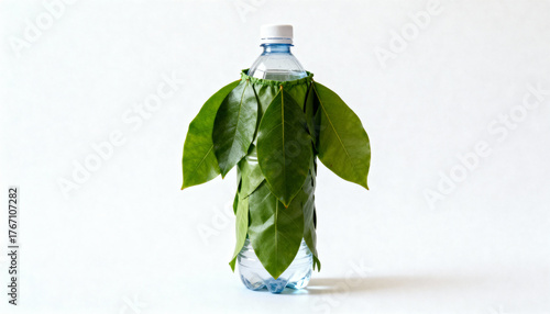 A plastic bottle wearing a green leaf costume, studio lighting, satirical commentary on fake sustainability