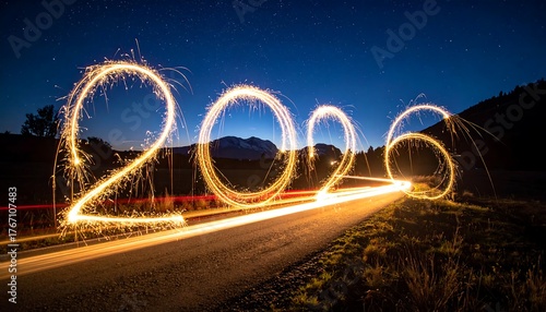 New Years Eve Celebration - Light Trails of 2026 on Road.