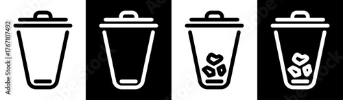Trash bin icons showing an empty and a full garbage container. Simple outline vector illustration for waste sorting, recycling and cleanliness design projects.