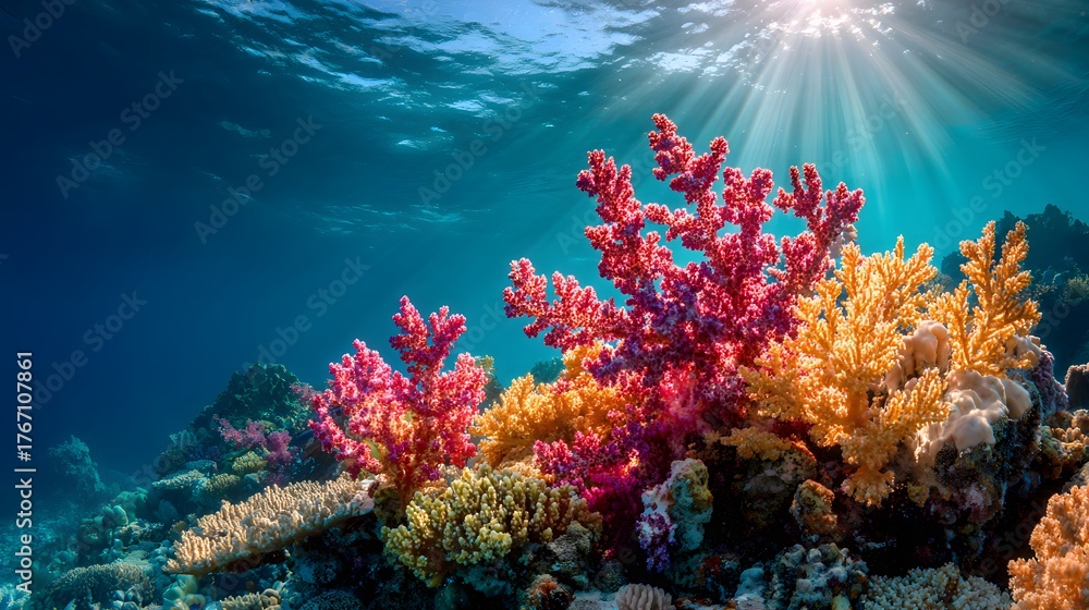 Naklejka premium Vibrant soft corals thrive beneath the ocean surface illuminated by strong sunbeams