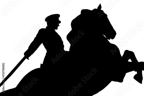 A silhouette illustration of Mustafa Kemal Ataturk, the founder of the Republic of Turkey,in uniform and with a sword, on a horse