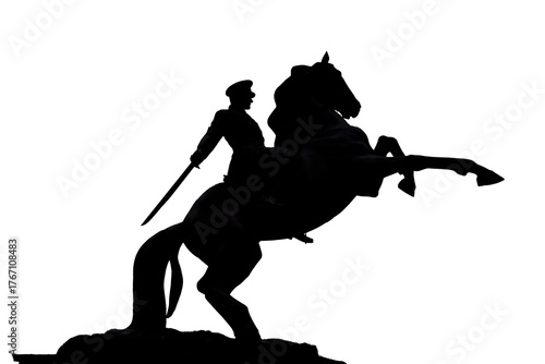 A silhouette illustration of Mustafa Kemal Ataturk, the founder of the Republic of Turkey,in uniform and with a sword, on a horse