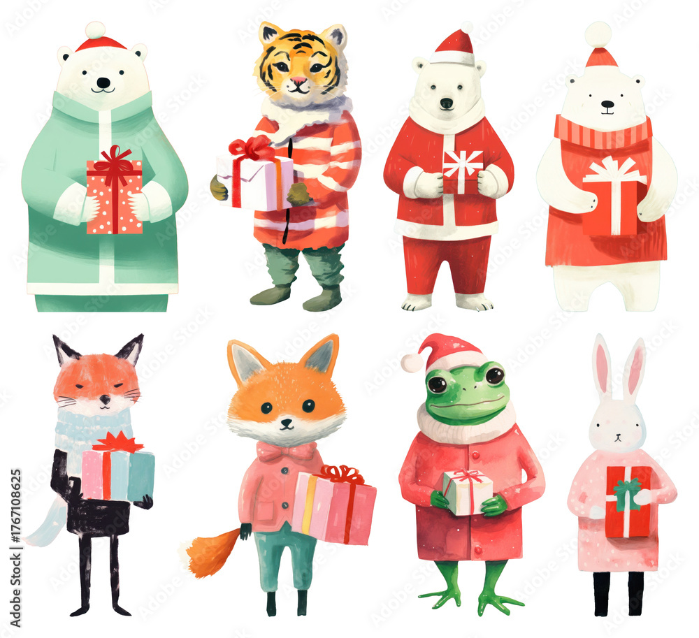 Fototapeta premium PNG Festive animals with holiday gifts, element set on transparent background