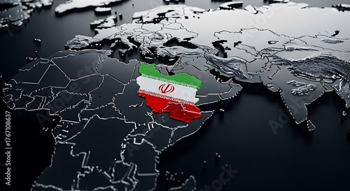 Iran country map with flag 3D illustration shows territory against dark world map background
