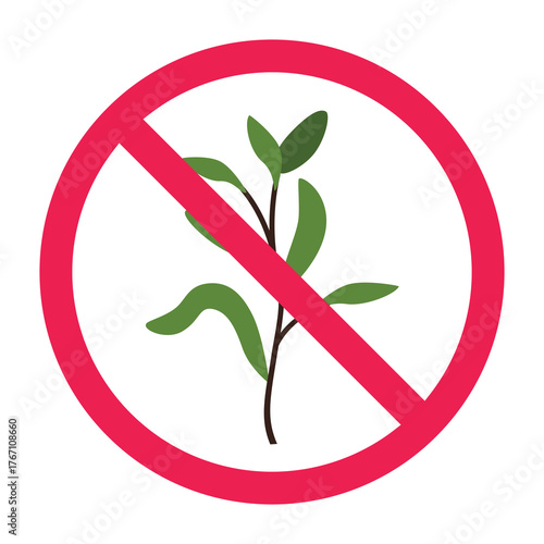 No plant sign, forbidden sign with wild plants icon, no wild plant sign, wildflower prohibited symbol, red crossed circle symbol, flat vector illustration