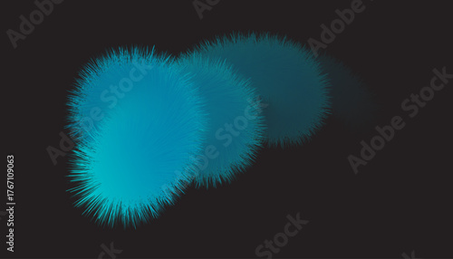 Abstract, glowing teal and blue furry spheres float in a dark void. The spiky texture creates a dynamic, vibrant background with soft depth.
