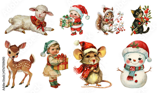 Fototapeta Naklejka Na Ścianę i Meble -  PNG Vintage Christmas animal illustrations, element set on transparent background