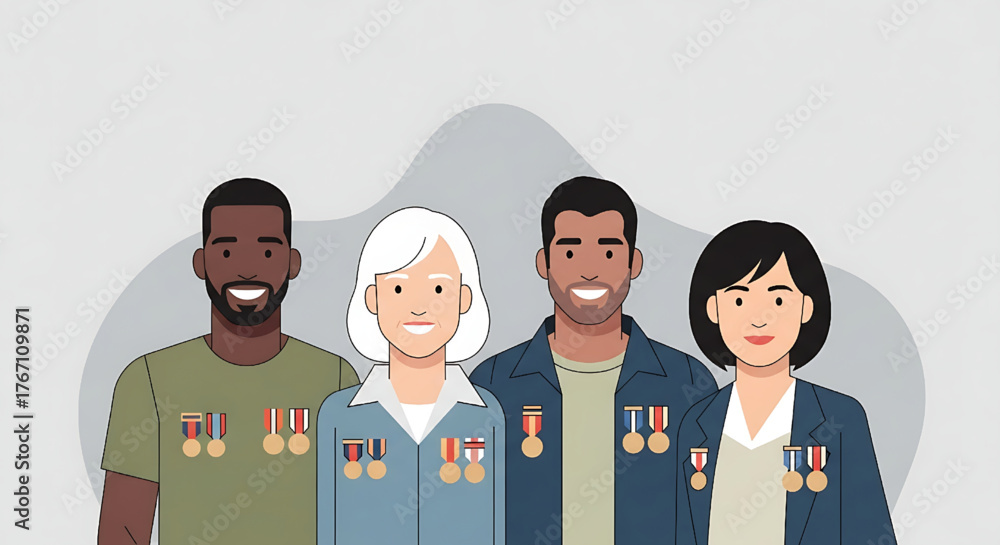 Naklejka premium Diverse group of veterans with medals honoring military service