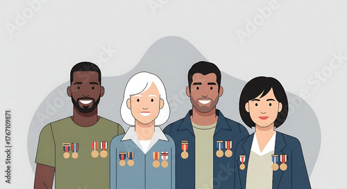 Diverse group of veterans with medals honoring military service