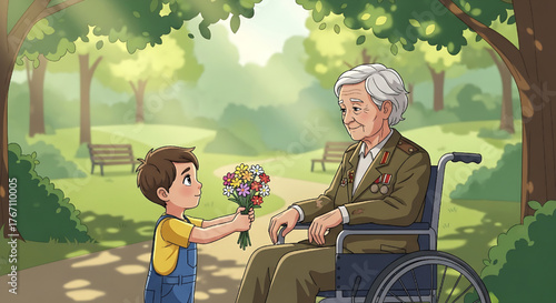 Grandfather in Wheelchair Receives Flowers from Grandson in Park Illustration