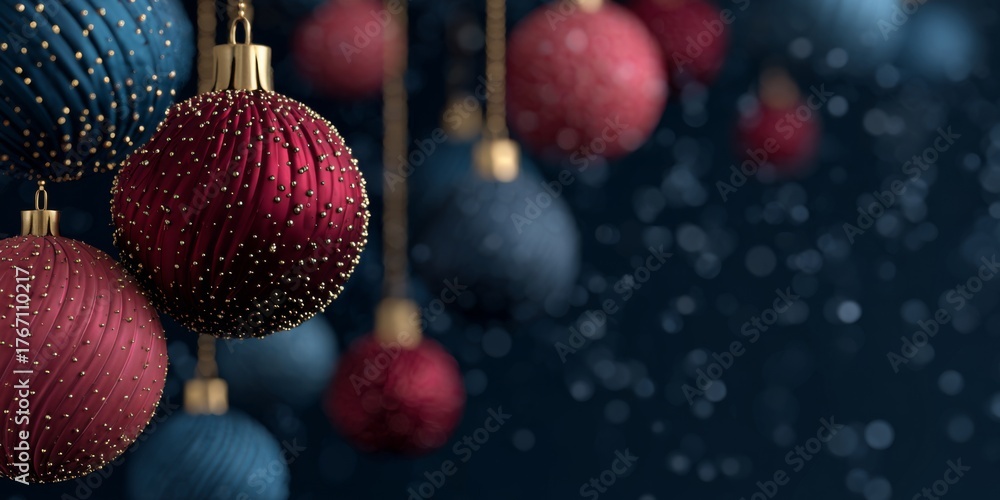 Obraz premium Colorful Christmas ornaments hanging against a dark background with soft snowfall creating a festive holiday atmosphere