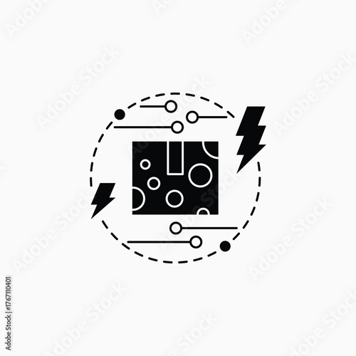 A creative smart bundle icon representing a high-tech delivery system. The black package with circular digital patterns, surrounded by dotted lines and lightning bolts, symbolizes speed, innovationsma