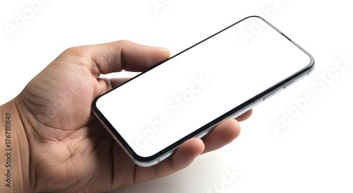 A close-up of an Asian hand holding a smartphone with a blank white screen, perfect for mockups, design presentations, or technology concepts.