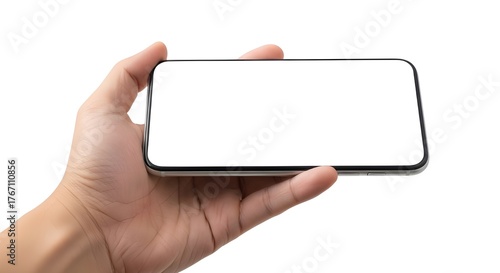 A close-up of an Asian hand holding a smartphone with a blank white screen, perfect for mockups, design presentations, or technology concepts.