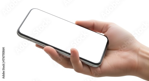 A close-up of an Asian hand holding a smartphone with a blank white screen, perfect for mockups, design presentations, or technology concepts.
