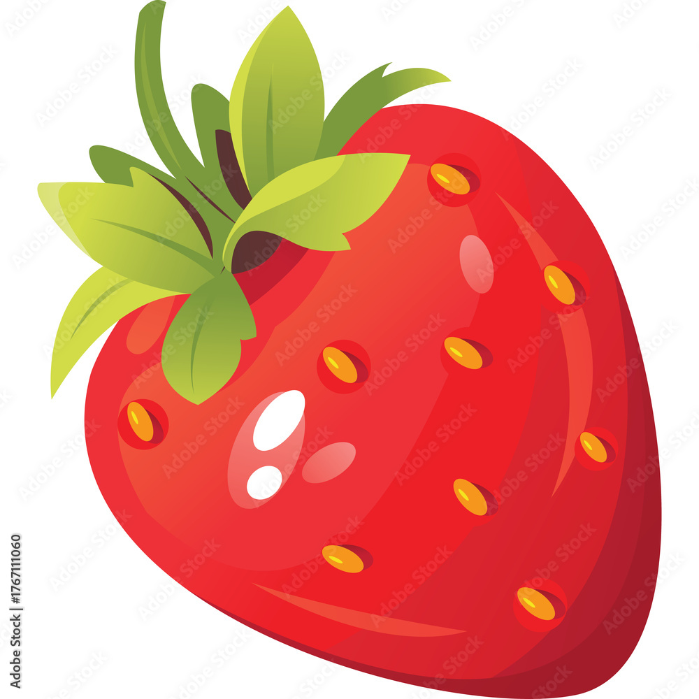 Obraz premium Bright Red Strawberry with Green Leaves and Yellow Seeds Detailed Illustration on Transparent Background Fresh Fruit Healthy Food.