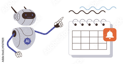 Robot labeled AI pointing at a spiral calendar with notification alert. Ideal for technology, scheduling, automation, reminders, productivity, planning, and digital tools. Simple flat metaphor