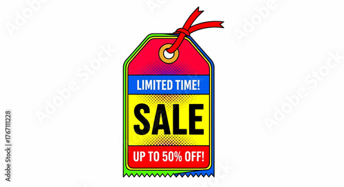 Colorful sale tag for marketing and business advertising, a pop art style vector illustration concept