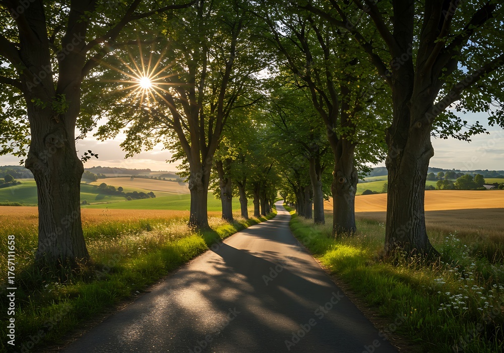Obraz premium Sunlight Streams Through Tree Lined Country Road at Golden Hour.