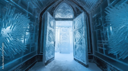 A blue room with a door that is open