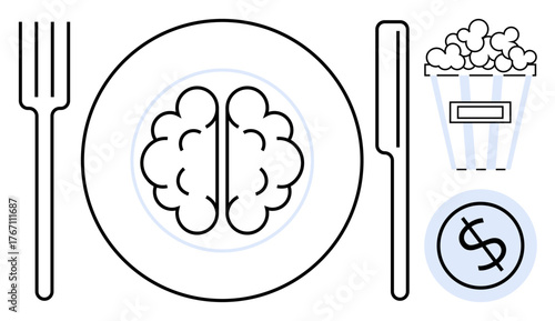 Brain on a plate between a fork and knife, popcorn box, and dollar sign. Ideal for creativity, intellectual value, decision-making, consumer behavior, cognitive skills, education simple flat