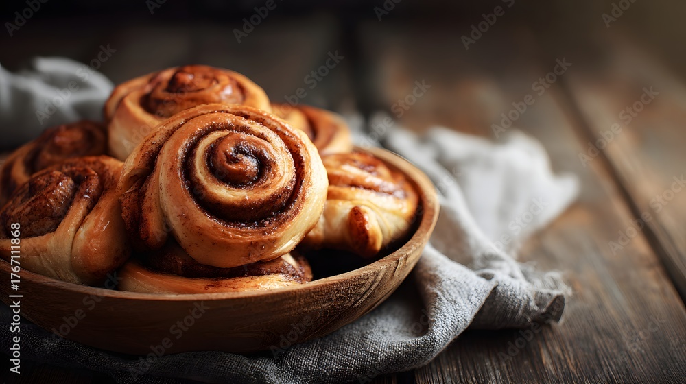 Fototapeta premium Freshly baked sweet rolls with cinnamon filling rest in a rustic wooden bowl.
