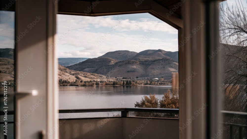 Fototapeta premium Sunny day over Osoyoos Lake in Okanagan Valley with surrounding hills and mountains
