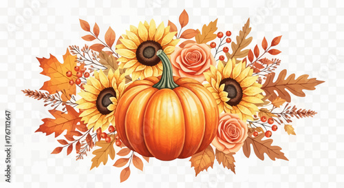 Watercolor Autumn Harvest Bouquet - Pumpkin Sunflower Fall Floral Illustration