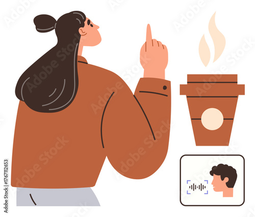 Woman pointing upward near steaming coffee, with a small face and audio waves indicating voice assistant usage. Ideal for technology, user interaction, communication, coffee culture, innovation