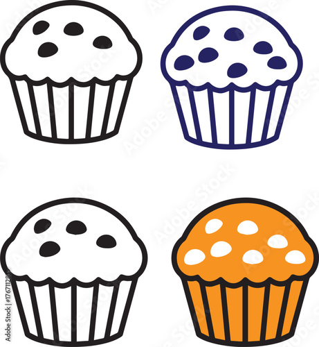 Four cartoon muffins with dark spots on top in black blue and orange cupcake baked goods