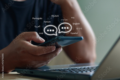 Person holding a smartphone with floating multilingual chat icons, symbolizing AI-powered translation and global communication in various languages like English, Spanish, Chinese and more.