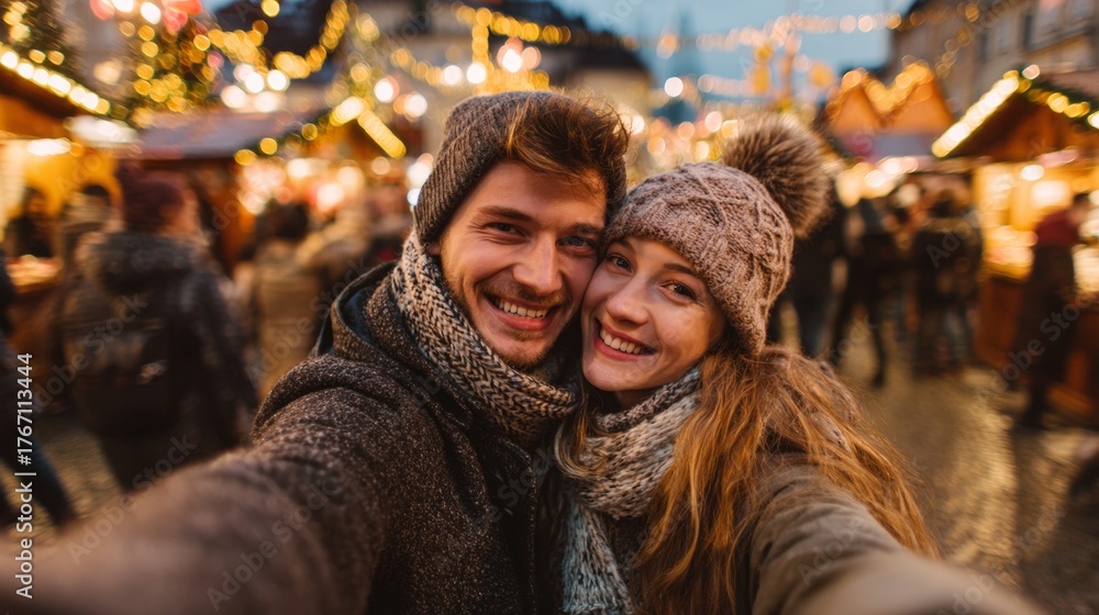 Fototapeta premium Couple taking a selfie on a street with Christmas decorations at night