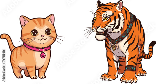 Cute cat and majestic tiger illustration, animal character art, domestic and wild feline design, adorable pet and predator artwork