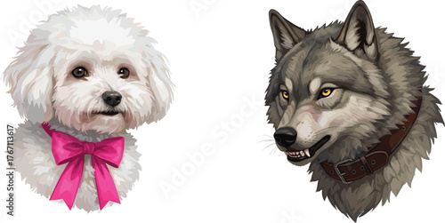 Cute white dog and fierce wolf illustration, detailed animal portrait art, contrast of innocence and wild nature, realistic digital artwork