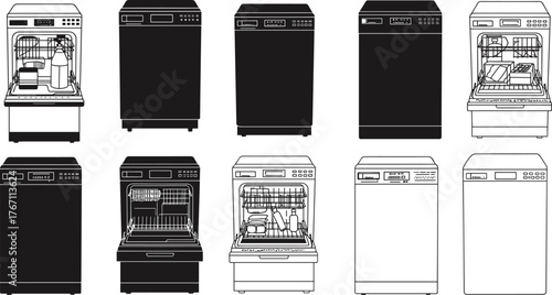 Dishwasher silhouette vector set, modern kitchen appliance icons, household cleaning machine illustration, black and white dishwashing equipment collection design