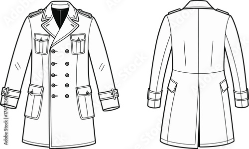 Double breasted trench coat flat sketch, vector technical fashion drawing, stylish long sleeve outerwear template for apparel design and illustration