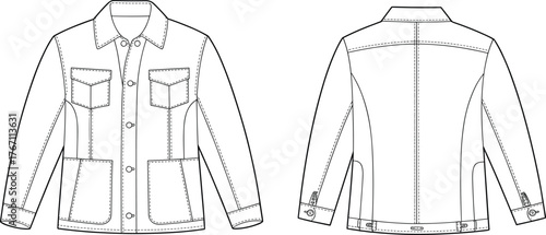 Denim jacket technical flat sketch, front and back view fashion design template, casual outerwear illustration with pockets, apparel vector drawing