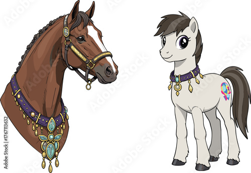 Elegant horse and cute pony illustration, luxury equestrian art, fantasy animal design, jeweled accessories, cartoon style, decorative artwork, equine beauty