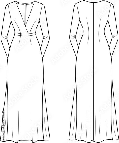 Elegant long sleeve dress flat sketch, women fashion design template, v-neck gown front and back view, apparel vector illustration, clothing mockup