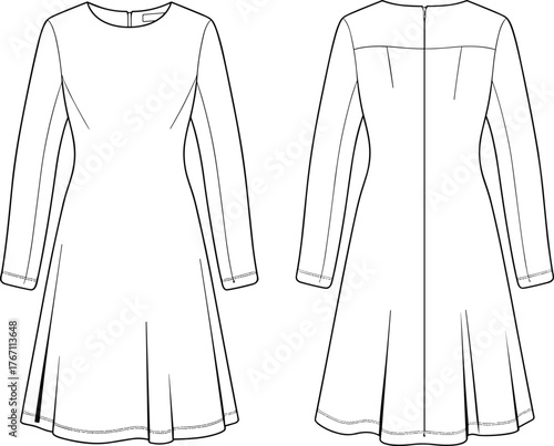 Elegant long sleeve flared dress flat sketch, vector fashion technical drawing, stylish women apparel design, clothing template for designers